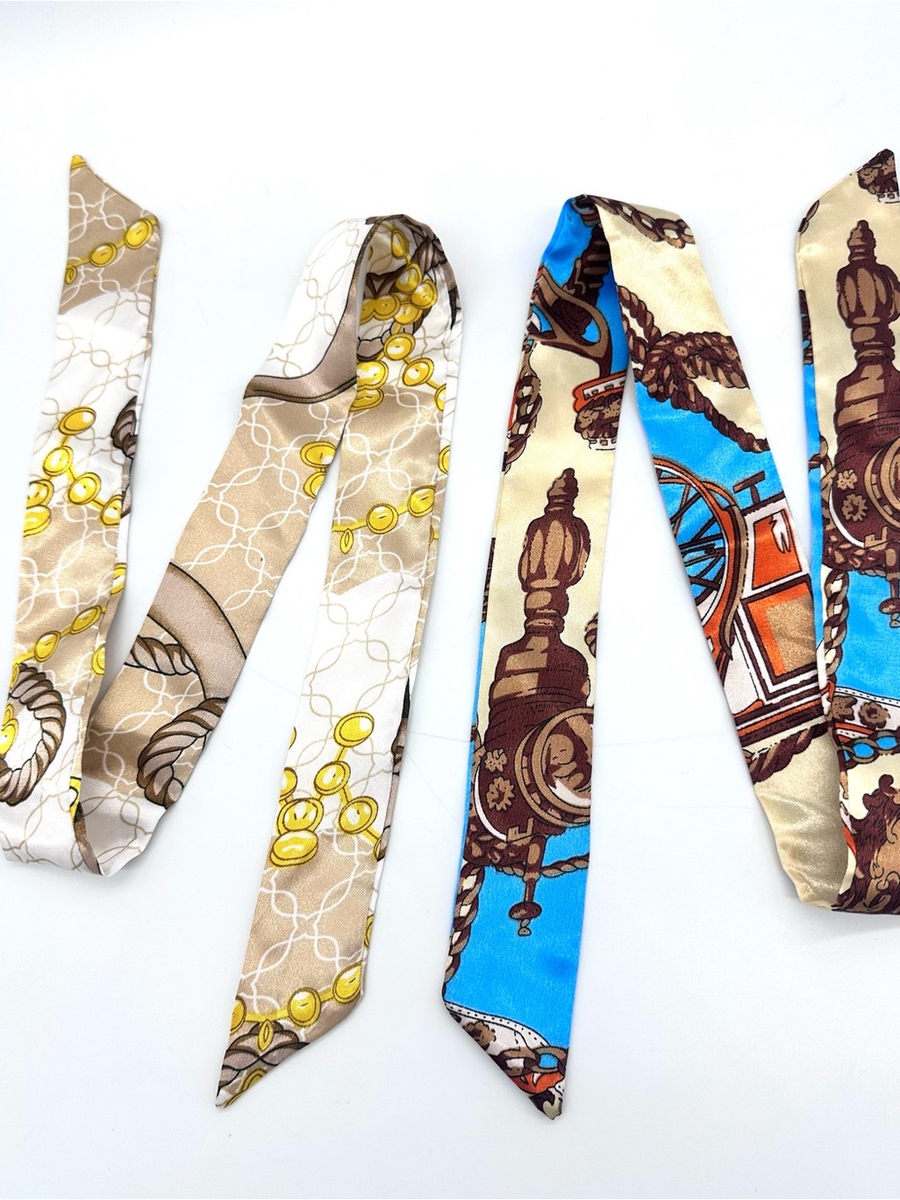 2pc Lot “34” Equestrian Print Twill Silk Hair Ribbon Bag Scarves